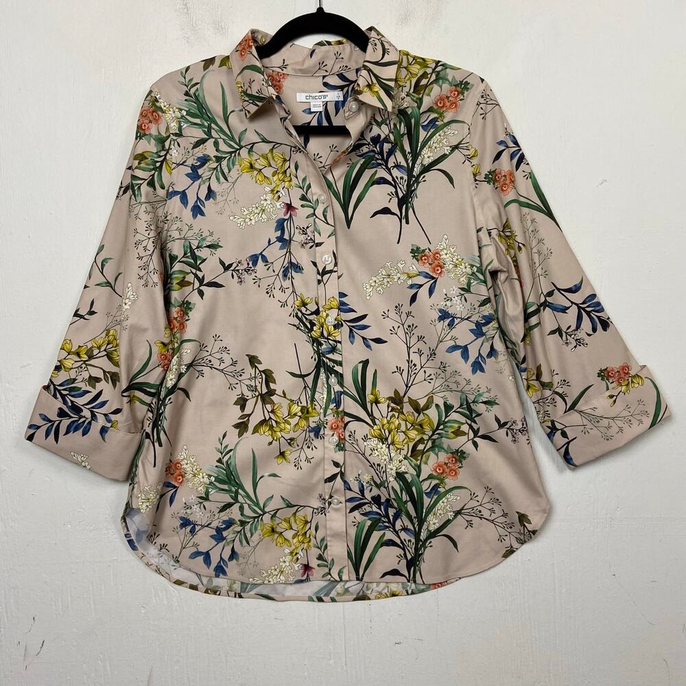 Chico’s Beige Floral Cotton Stretch Button Up Flip Cuff 3/4 Sleeve Top Size 8